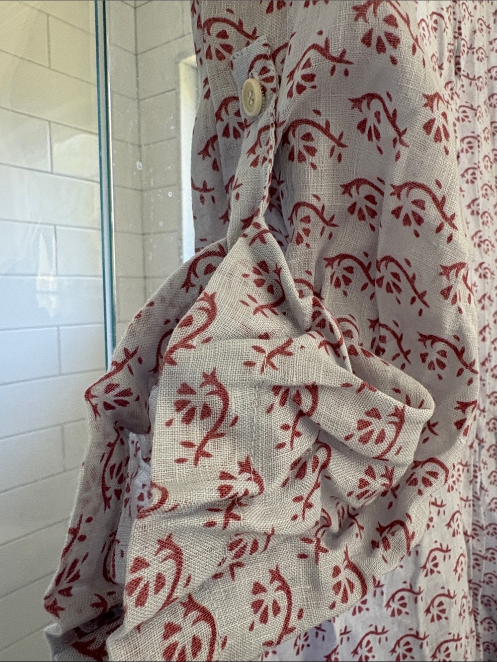 CPShades linen Long-Sleeve pale blue Dress with Red Floral Motif - Picture 10 of 13